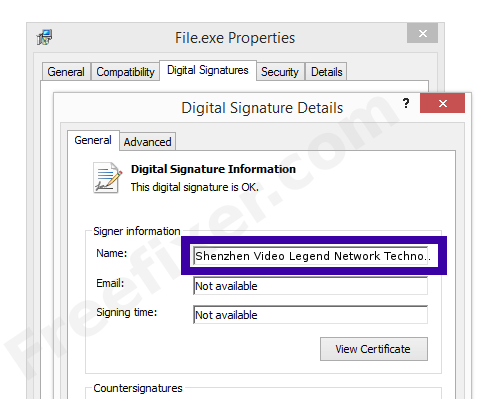Screenshot of the Shenzhen Video Legend Network Technology Co.,Ltd. certificate